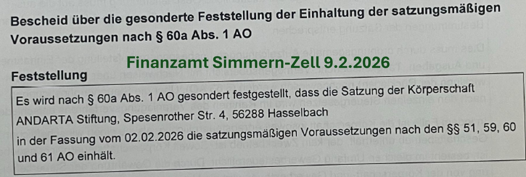 Ausschnitt aus dem Bescheid des Finanzamts Simmern-Zell über die gesonderte Feststellung nach § 60a Abs. 1 AO